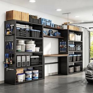 FLEXIMOUNTS Garage Storage System with Workbench & Pegboard, 142" Modular Garage Organization System, Heavy Duty Steel Garage Shelving & Tool Organizer for Garage Workshop, Black FLEXIMOD Series