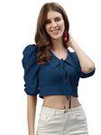 SIRIL Women's Polyester Knitted Solid Regular Fit Crop Top (311Tk8062-S_Dark Teal Blue)