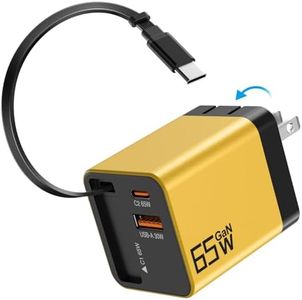 65W GaN USB C Charger 3-Port with Retractable 0.7m Cable(Yellow)