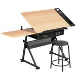 Yaheetech Height Adjustable Drafting Table Drawing Table Artist Desk Tilting Tabletop Art Craft Desk Watercolor Paintings Sketching Work Station w/2 Storage Drawers and Stool for Home Office