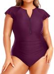 Holipick Plus Size One Piece Swimsuit for Women Tummy Control Cap Sleeves Bathing Suits Zipper Front Rash Guard Swimwear, Purple