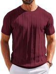 COOFANDY Men's T- Shirts Short Sleeve Knit Sweater Shirt Casual Crewneck Ribbed Pullover Tees Wine Red