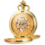 ManChDa Retro Mens Black Blue Double Open Skeleton Mechanical Roman Numerals Pocket Watch with Chain Gift (2 Gold)