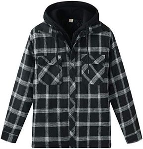 ZENTHACE Men's Thicken Plaid Hooded Flannel Shirt Jacket with Quilted Lined Black XL