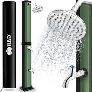 tillvex Solardusche 60 Liter inkl. Abdeckung | Solar Garten-dusche warmes Wasser | Pooldusche Camping | ohne Stromanschluss | mit Wasserhahn | Gartenschlauch-Anschluss