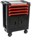 4 Drawers Multifunctional Tool Cart with Wheels, Rolling Tool Chest Storage with Lockable Drawers & Door Cabinet Cart for Warehouse, Garage, Workshop-Red and Black