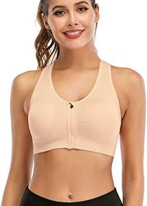 Women's Zip Front Sports Bra Wireless Post-Surgery Bra Active Yoga Sports Bras, 2# 1 Pack-beige, X-Large