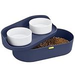 Navaris Raised Dog Food Bowls with Stand - Elevated Pet Bowl Feeding Station for Large, Medium, and Small Dogs - High 2 Bowl Feeder with Storage & Splash-Proof Feature - Navy Blue