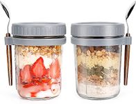 ALINK 2 Pack Overnight Oats Jars, Overnight Oats Container with Lid and Spoon, 10 oz Cereal, Milk, Vegetable and Fruit Salad Storage Container with Measurement Marks (gray)