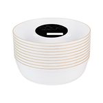 PLASTICPRO [30 Pack 16 OZ Bowls] Edge Collection White with Gold Rim Plastic Party Soup Bowls Premium heavyweight Elegant Disposable Tableware Dishes