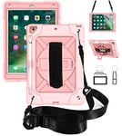Jaorty Case for iPad 6th/5th Gen (9.7 inch, 2018/2017) Case, 360° Rotate Hand Strap/Stand Pencil Holder Shockproof Hybrid Layer Case with Strap Shoulder Case for iPad air 2,Rosegold