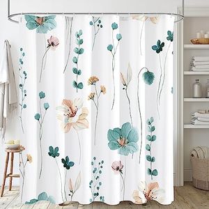 Gibelle Extra Long Shower Curtain 72 x 84, Watercolor Floral Fabric Shower Curtain, Teal Beige Flower Decorative Bathroom Shower Curtain Set