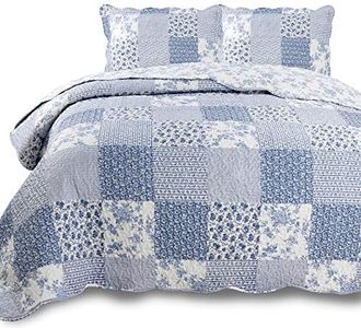 KASENTEX Country-Chic Printed Pre-Washed Set. Microfiber Fabric Design. Single Quilt + 1 Sham. Multi-Blue, 68X86+20X26 X1,. Twin