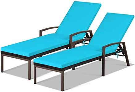 Costway 2PCS Patio Rattan Chaise Lounge Chair, Outdoor Reclining Chaise with Cushion & Armrest, Wicker Sun Loungers with Adjustable Backrest for Garden, Balcony, Poolside (Turquoise)