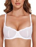 WingsLove Women's Sexy Lace Bra Mesh Balconette See Through Bralette Half Cup Sheer Bras Unlined Underwire Suppport, White, 34B