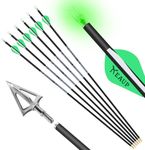 KEAUP 31 inch 100% Carbon Arrows and Broadheads .244/6.2mm Lighted Nocks Set, 6 Pack Hunting Compound Bow and Recurve Bow Shaft Spine 300/350/400/500 (Spine 350, Green)