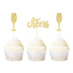 Ercadio 24 Pack Cheers Cupcake Toppers Gold Glitter Champagne Glass Cupcake Picks Baby Shower Kids Birthday Wedding Celebrating Party Cake Decorations