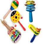 Dakulo Baby Product® Wooden Non Toxic Colourful Rattle Toys for Newborn Baby, Musical Infant Toy, Gift Set Age 0+ (Set of 5, Multicolor) (Eggshaker + Drum+ Tartar + Cart + Xylophone)