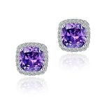 YOMELA Cubic Zirconia Earrings, Stud Earrings for Women Hypoallergenic White Gold Small Dainty Amethyst Purple Square Halo CZ Birthstone Earrings for Women