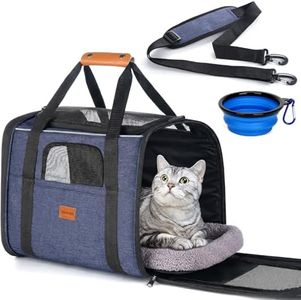 Morpilot Cat Carrier - Soft Sided Cat Carrier Large for Big Medium Cats and Puppy up to 18lbs, Pet Carrier with Safety Zippers, Foldable Bowl, Airline Approved Large Dog Carrier - Dark Blue