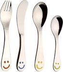 RACMOS Stainless Steel Kids Spoon and Fork Set/Toddler Utensils | Toddler Fork and Spoon Set | Cutlery Set | Includes 2 x Spoons, 1 x Knife, 1 x Fork (4 pc) (Silver Color with Smile Stamp)