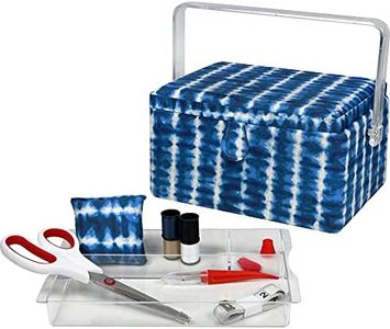 SINGER Large Sewing Basket with Notions & Matching Pin Cushion | Sewing Kit & Storage with Scissors, Tape Measure, Thread, & More (Blue Tie Dye)