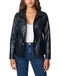 [BLANKNYC] womens Black Vegan Leather Jacket With Drawcord Belted Detail and Pockets, Make It Happen, Large