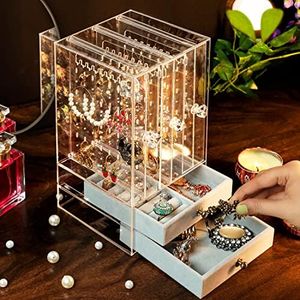 BELLE VOUS Joyero Pendientes Acrílico y Organizador de Joyas – 12,8 x 13 x 24,5 cm - Organizador Pendientes a Prueba de Polvo – Colgante con Cajón de Terciopelo – Collares, Anillos y Brazaletes