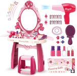 Toddler Vanity Makeup Table Toy with Mirror&Chair，Kids Vanity Set with Light&Music、Pretend Play Makeup Accessories with Hair Dryer Toy，Gift for Girls and Toddlers2 3 4 5 6Years Old