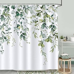 Bonhause Rideau de Douche Feuilles d'eucalyptus Plante Verte Rideau de Bain Tissu Polyester Anti Moisissure Imperméable Lavable Rideau Salle de Bain 180 x 180 cm avec 12 Crochets pour Baignoire