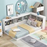Harper & Bright Designs Twin Size Daybed, Wood Twin Bed Frame with L-Shaped Bookcases and USB Ports,Twin Floor Sofa Bed for Kids Room, Bedroom, Living Room,White
