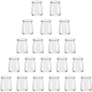 Encheng 7 oz Clear Glass Jars With Lids,Glass Yogurt Container With Lids(PE),Replacement Glass Pudding Jars Yogurt Jars,Glass Container With Twine n Tag For Milk,Jams,Jelly,Mousse,Dishwaresafe 20 Pack