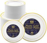 Dinner and Dessert Plates Set Disposable (200 Pieces) 10" + 7" White and Gold Plastic Plates for Party 100 Guest, Elegant Wedding Plates Disposable, Heavy Duty Plates for Thanksgiving/Christmas