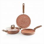 Amazon Basics Granite Finish Aluminium Non-Stick Induction Base Cookware | Set of 3 | 24cm Fry Pan, 24 cm Kadai, 28cm Tawa | Rust Granito | Rust