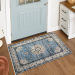 Lahome Oriental Floral Medallion Area Rug - 2x3 Blue Persian Distressed Small Entryway Rug Doormat Vintage Faux Wool Non-Slip Washable Low-Pile Carpet for Indoor Front Entrance Kitchen Bathroom