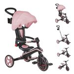 Globber Foldable Explorer Trike and Balance Bike 4 in 1 with Adjustable Canopy - Parental Steering Handle - Cup and Phone Holder - Safety Harness - 10 Months to 5 Years - 2 Year Warranty (Pink Pastel)