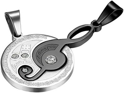 OIDEA Collana per Coppia Lovers Collana in Acciaio Inox con Pendente Simbolo Musicale I Love You Mosaico Strass Regalo per Amante Nero Argento(1 Coppia)