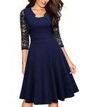 Miusol Women's Vintage Square Neck Floral Lace 2/3 Sleeve Cocktail Swing Dress, Navy Blue, XX-Large