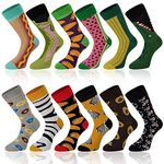 Empino Men's Funny Dress Socks – Colorful Funky Patterned Socks – Novelty Casual Combed Cotton Crew Socks (Food & Animal Pattern - 12 Pairs)