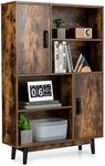 COSTWAY Wooden Bookcase, Freestanding Storage Bookshelf with 2 Doors, 4 Cube Shelves and Rubber Wood Legs, Accent Side Cabinet Display Tall Cupboard Unit for Living Room Hallway Office (Rustic Brown)