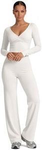YOUNGDEER Women Long Sleeve Workout Top, Crossover V Neck Cropped Yoga Shirt, Ballet Style Slim Fit Gym Topa (Large,White)