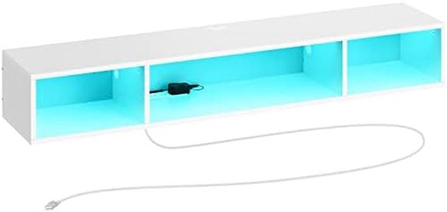 Rolanstar TV Stand with Power Outlet, Floating TV Stand with RGB Lights, 55.1" Wall Mounted TV Shelf, White Media Console with Storage Shelf, Entertainment Shelf Under TV for Living Room, Bedroom