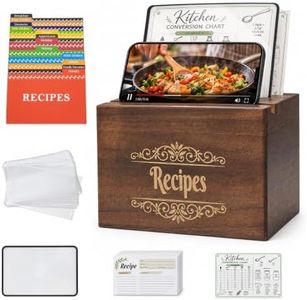 Rustic Acacia Wooden Recipe Box with 100 Recipes Cards & Protectors, 12 Dividers and 1 Reading Magnifier for Seniors, Engraved Holder for Wedding Bridal Shower Housewarming Grandma Mom
