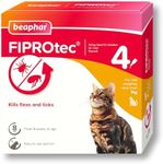 Beaphar - FIPROtec Spot-On Flea & Tick Treatment for Cats - 4 Pipettes - Kills Fleas & Ticks - Veterinary Medicine - Easy to Apply Monthly - For Cats & Kittens from 8 Weeks Old, Weighing Over 1kg