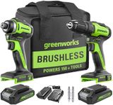 Greenworks 24V Brushless Cordless Drill and Impact Driver,Power Tool Combo Kit Included 1/2”Drill & 1/4”Hex Impact Driver and (2) Batteries, Fast Charger, 2 pcs Drill Bit Set & Bag