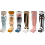 FedMois 6 Pairs Baby Little Kids Knee High Socks Anti-slip Long Socks Cotton, Animals, 0-12 Months