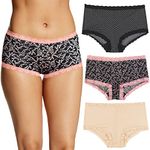 Maidenform Women's Boyshort Underwear, Microfiber with Lace Boyshort Panties, One Fab Fit, 3-Pack, Geo Snow/Cherry Blossom/Latte Lift, Large