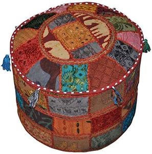 GANESHAM Indian Hippie Vintage Cotton Floor Pillow & Cushion Patchwork Bean Bag Chair Cover Boho Bohemian Hand Embroidered Handmade Pouf Ottoman (Multi, 13" H x 18" Diam.(inch))