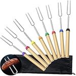 Barbecue Forks, Set of 8 Marshmallow Roasting Sticks Extendable 32 Inch Telescoping Stainless Steel Fire Pit Fork with Wooden Handle for BBQ Camping Campfire Party Picnic Fireplace