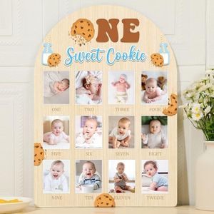 One Sweet Cookie Photo Board Milk and Cookies Birthday Party Decorations Wooden Board 12 Monthly Milestone Picture Frame One Year Old 1st Birthday Banner for Baby Keepsake Gift Supply(Fit 2x2.8in Pic)